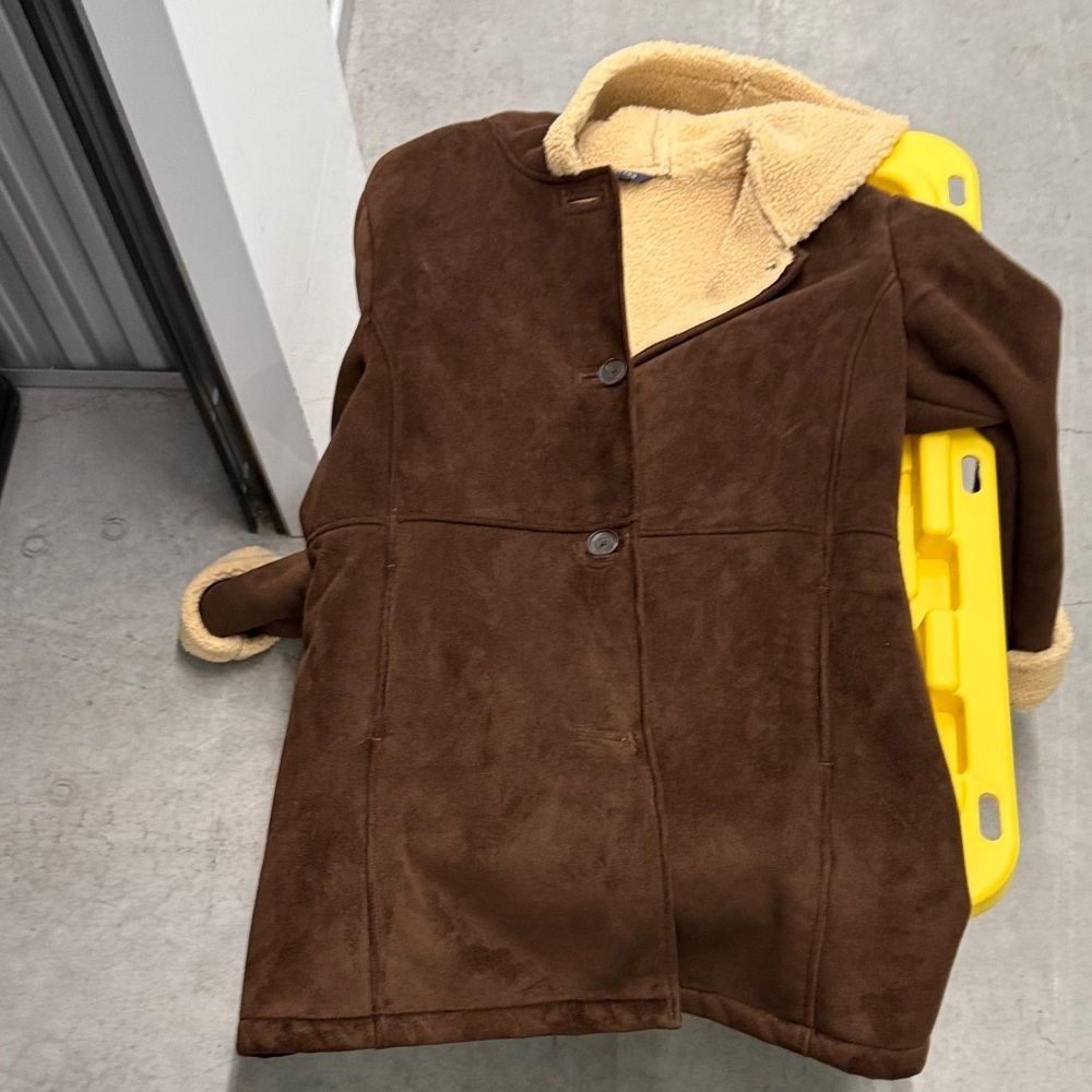 Lands' End, Brown Sherpa Suede Coat with Cream Lining - Picture 6 of 6
